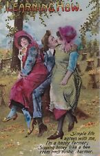 Vintage 1916 Postcard Learning How Happy Farmer With Two Woman Love Romance picture