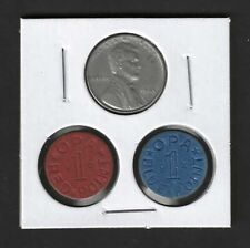 ORIGINAL WWII 1943 STEEL PENNY + BLUE & RED OPA FOOD RATION TOKENS -WORLD WAR II picture