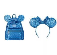 Disney Parks Loungefly Backpack & Ears Cornflower Flower Blue Sequins 2024 Combo picture