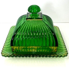 Antique Butter Dish & LId c1899 EAPG US Glass New York Green Rib Gold Accent JCS picture