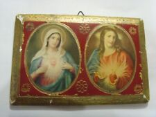 1800s antique catholic Saint Mary Jesus color print on wood icon FC1274 picture