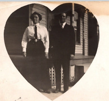 RPPC Loving Couple Stand Together HEART DESIGN Tight Belt Bust ANTIQUE Postcard picture