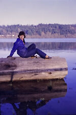 Vintage Photo Slide 1986 Woman Posed On Log Lake View picture