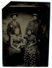 c1860'S 1/6th Plate TINTYPE Two Handsome Men With Mustaches Wives in Dresses picture