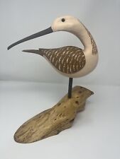 Vintage Wood Shorebird Figurine Hand Painted  & Carved Folk Art On Wood Base picture