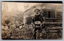 Real Photo Man w/ Wicker Fishing Creel At Log Cabin Blanchard ME RP RPPC I-327 picture