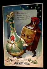 Anthropomorphic Liquor Bottles Kissing New Year Embossed Vintage Postcard~h673 picture