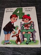 Wishing Well Greetings It's Your Birthday Four Boy Girl Rabbits Glitter Vintage picture