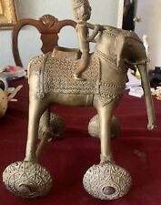 Antique Rare India Large Brass Elephant On Moving Wheels ￼& Native Rider 1900s picture