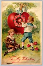 Antique Valentines Postcard Children Bow and Arrow Big Heart Pink Roses 1910 J2 picture