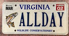 Exp Virginia Personalized Vanity License Plate Va DMV Trout Fish ALLDAY Sign picture