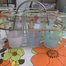Mid Century Vintage 60s 6 Glass Frosted Pastel Set With Carrying Caddy picture