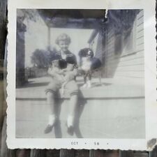 Vintage found photo snapshot 1956 young girl sits on porch with cats and dog b&w picture
