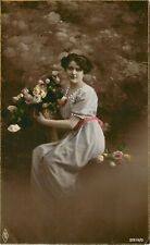 PFB Hand-Colored RPPC Postcard 2919/6 Beautiful Woman w/ Vase of Roses picture