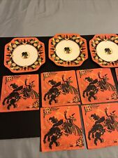 Vtg.  Halloween Set Of 6 Witch, Black Cat, Couldron Pumpkin Napkins 3 Plates picture