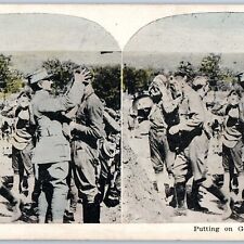 c1910s WWI Trench Warfare Using Gas Masks Stereoview Army Soldiers Military V34 picture