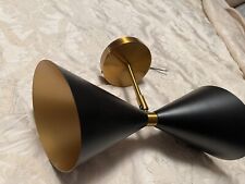 E26 MCM WALL SCONCE LIGHT FIXTURE DOUBLE CONE HOURGLASS BLACK & GOLD  picture