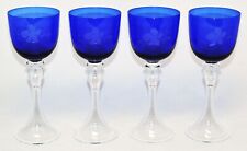 VINTAGE NASON MORETTI MURANO COBALT ETCHED WINES (4) CRYSTAL TRUMPET STEMS *RARE picture