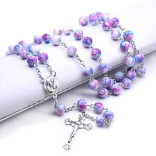 Purple Glass Beads Rosary Necklace Catholic Holy Soil Center Cross Crucifix picture