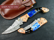 9'' Real Horn Handle Damascus Pocket Knife Handmade Damascus Bone Pocket Knife picture