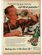 1956 7 UP Soda man in workshop with tools enjoys a 7UP Vintage Print Ad picture