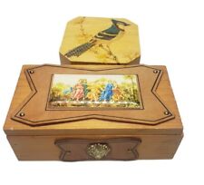 Vintage Wooden Trinket Boxes Hand Pinted Bird, Artwork On Plaque With Lion Head picture