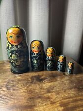 Vtg Signed 5-Piece Russian Matryoshka Nesting Doll Blue Eyed w/ Blue Flowers picture