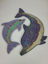 2 Vintage Dolphin Wall Decor Plaques Art Purple Green Yellow Buttons and Hearts picture