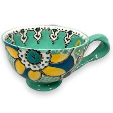 Anthropologie Green Floral Twist Handle Pottery Footed Coffee Elka Ayaka Mug picture