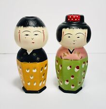 Vtg Japanese Set of 2 Ceramic Kokeshi Doll Vase or Pen Holder Figurine Boy Girl picture