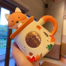 Starbucks Autumn Cute Fox Forest Maple Leaf Ceramics Mug Cup Set with Lid 11 Oz picture