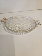 VintageRound Hobnail Jeanette Ribbed Glass Serving Tray Gold Trim Handles 8 Inch picture