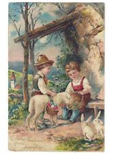 c.1907 Easter Boy Girl Lamb Eating Grass Eggs Bunnies Undivided Postcard POSTED picture