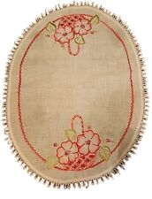 Hand Embroidered Oval Pink Floral Baskets Lace Crocheted Trim MCM Vtg picture