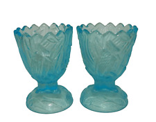 Pair of EAPG Canton Glass Kingfisher Azure Blue Egg Cups picture