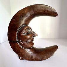 Vintage Hand Carved Wood Man In The Moon Nutcracker Crescent Half Wooden Decor picture