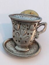Small Silvertone Cup Mug Saucer Hearts Lapel Pin picture