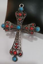 Pewter Cross with Red & Blue Imitation Turquoise Decoration - 3