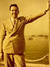 2C Photograph 1947 Handsome Man Wearing Arm Out Leaning Smile Portrait Sepia picture