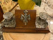 Victorian Era English Oak Double Ink Well Inkstand with Pen Rest Nib Box C1890 picture