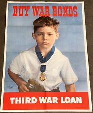 Original 1943 WWII Buy War Bonds Poster Third War Loan Boy with Fathers Medal picture