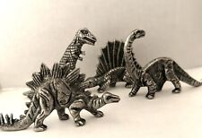 4 Vintage Shiny Silver METAL  DINOSAURS Brontosaurus Stegosaurus T-Rex, Mini picture