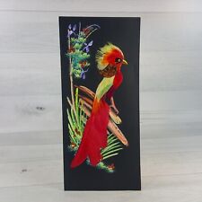 Vintage Real Feathers Bird w Flower Trees Painting 11 x 5