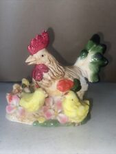1970's Vintage Glazed Stoneware Chicken Sitting Beside Fence With Baby Chicks picture