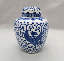Vintage Blue & White Phoenix Bird Floral Ceramic Ginger Jar With Two Lids Japan picture