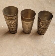 3 PCS VINTAGE BRASS HAND CRAFTED ENGRAVED MILK/LASSI GLASS NICE PATINA picture