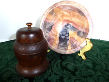 VINTAGE SOAPSTONE FISH BOWL & WOODEN ASIAN TEA JAR - BOTH CARVED picture