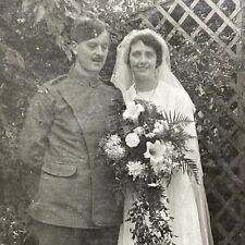 Antique 1910s WW1 Canadian Soldier Wedding Bride Real Photo RPPC Postcard V3499 picture