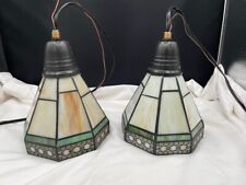 Pair of Spectrum Stained Glass Leaded Pendant Light Shades Green Beige Metal picture