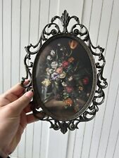 Vintage Brass Framed Print Italy Bubble Glass Floral 1960's picture